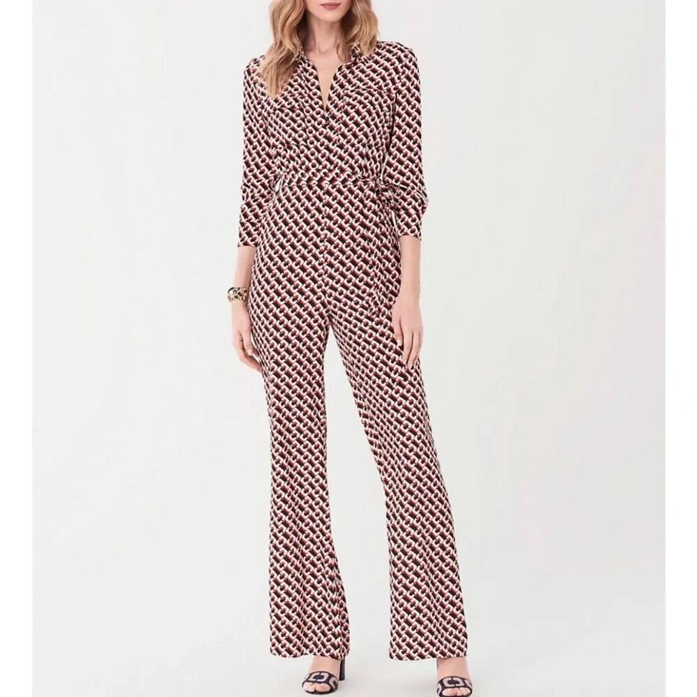 Diane Von Furstenberg Jumpsuit Sandy Chain Link Long Sleeve Silk Red Black 8